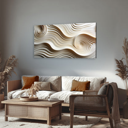 White swirl waves 3D abstract canvas wall art in a rustic living room