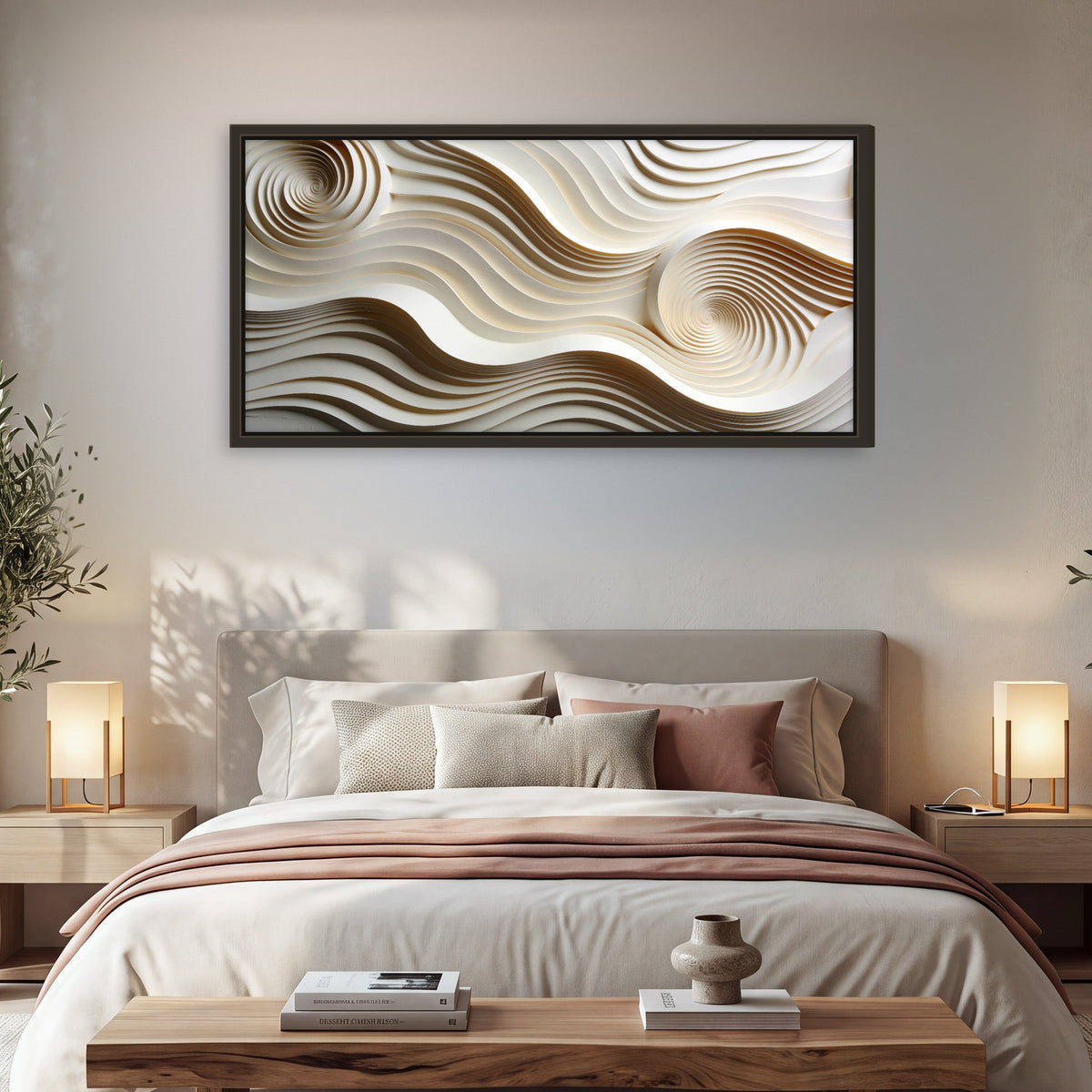 White swirl waves 3D abstract framed canvas wall art in a bedroom above the bed