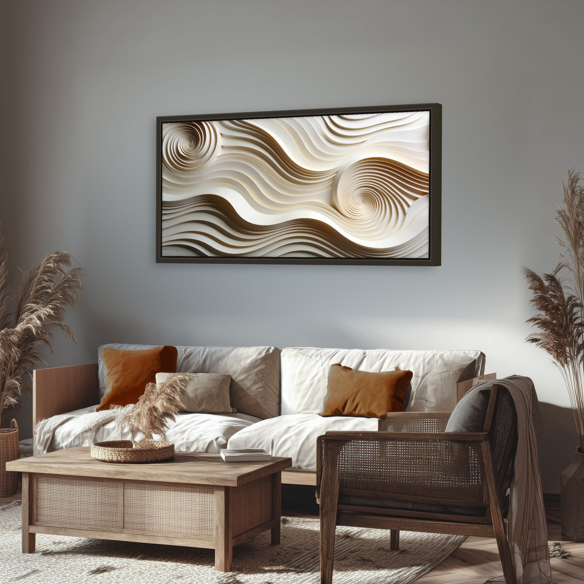 White swirl waves 3D abstract framed canvas wall art in a rustic living room