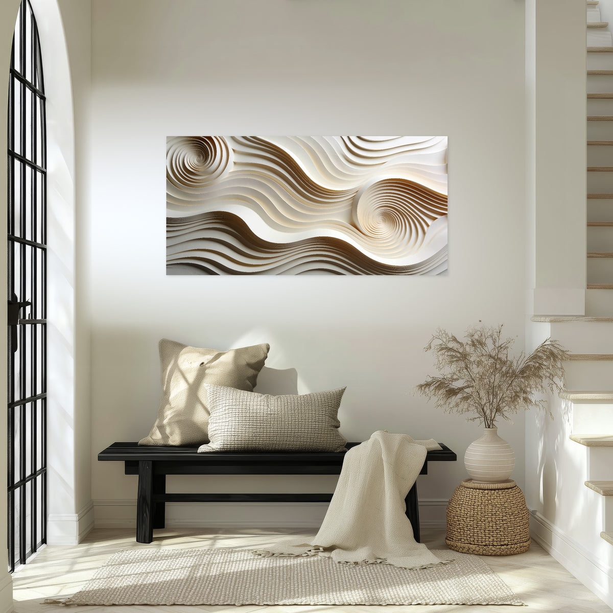 White swirl waves 3D abstract poster print in an entryway above a bench