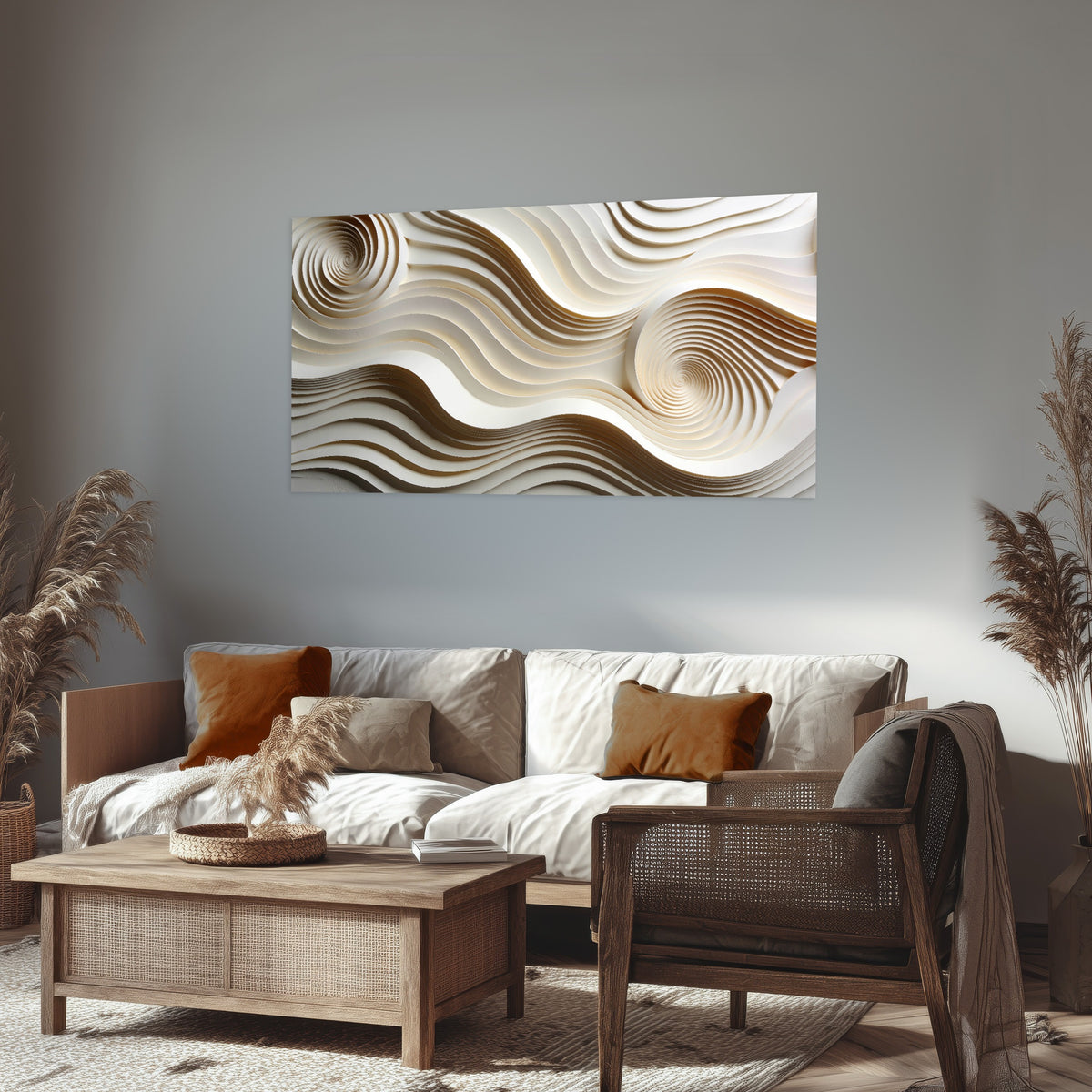 White swirl waves 3D abstract poster print in a rustic living room