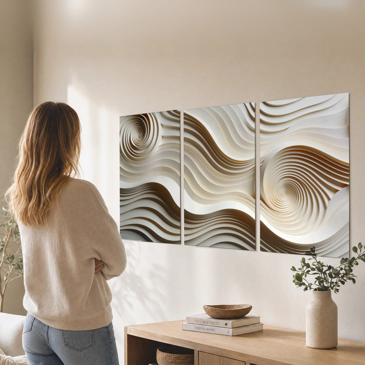 White swirl waves 3D abstract set of 3 poster prints in a living room