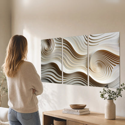 White swirl waves 3D abstract set of 3 poster prints in a living room