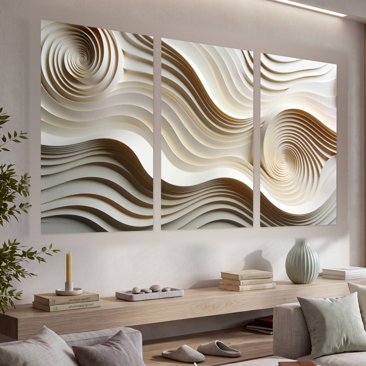 White swirl waves 3D abstract set of 3 poster prints in a living room above a console