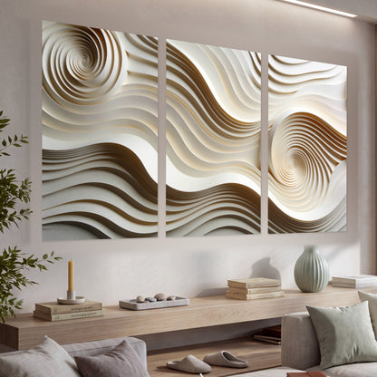 White swirl waves 3D abstract set of 3 poster prints in a living room above a console