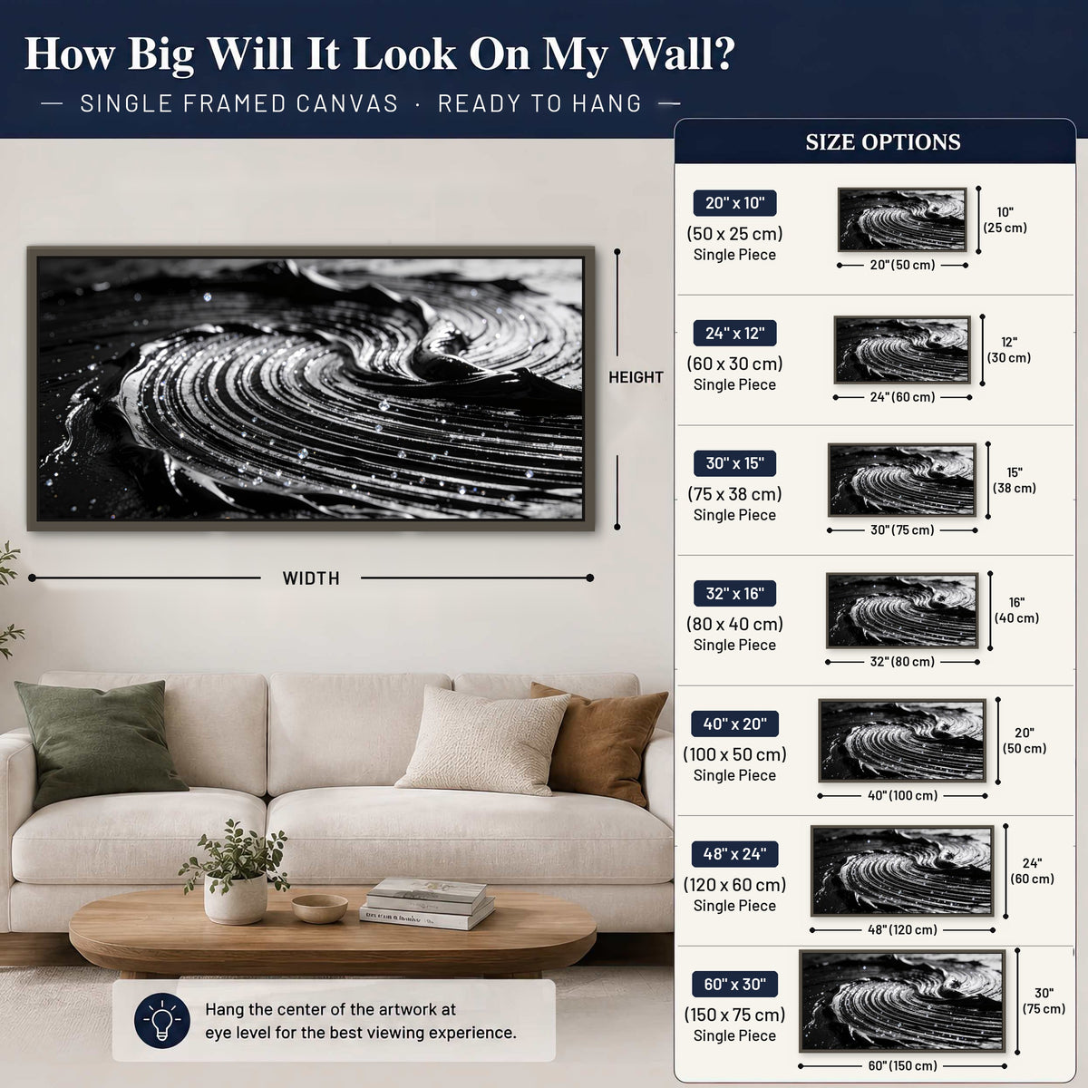 Black and silver swirl abstract painting framed canvas wall art size guide above a sofa