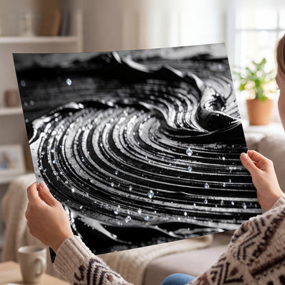 Black and silver swirl abstract painting poster print held in hands