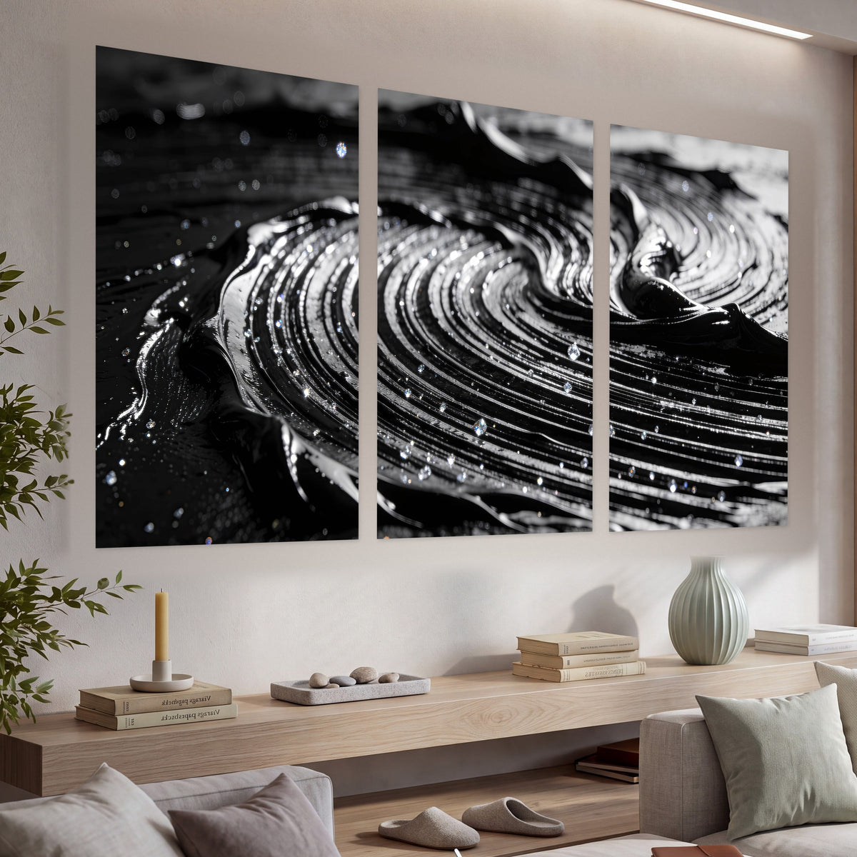 Black and silver swirl abstract painting set of 3 poster prints in a living room above a console