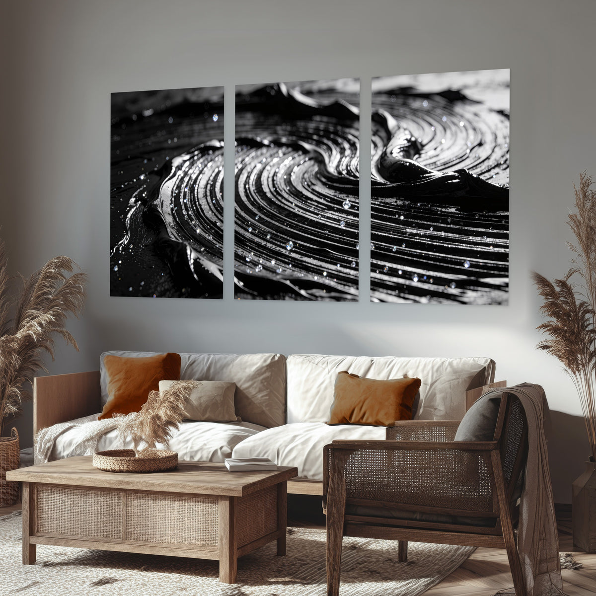 Black and silver swirl abstract painting set of 3 poster prints in a rustic living room