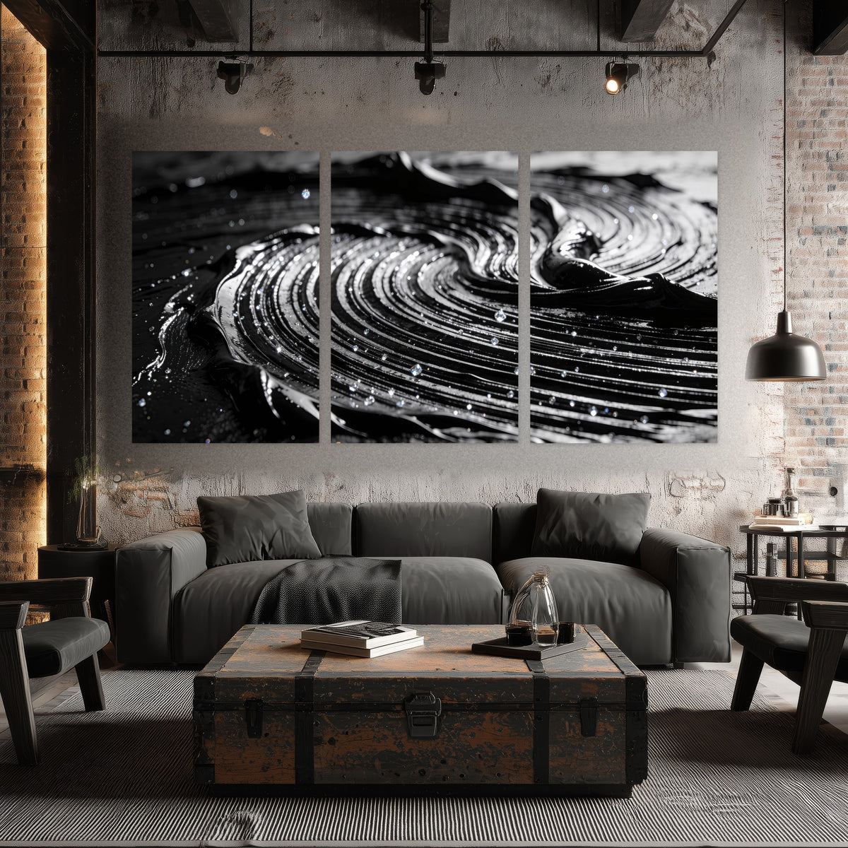 Black and silver swirl abstract painting set of 3 poster prints in an industrial loft