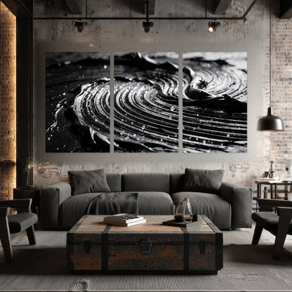 Black and silver swirl abstract painting set of 3 poster prints in an industrial loft
