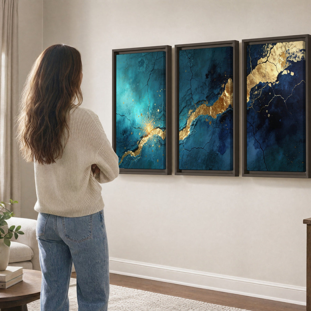 Teal and gold kintsugi abstract painting 3 piece framed canvas in a living room
