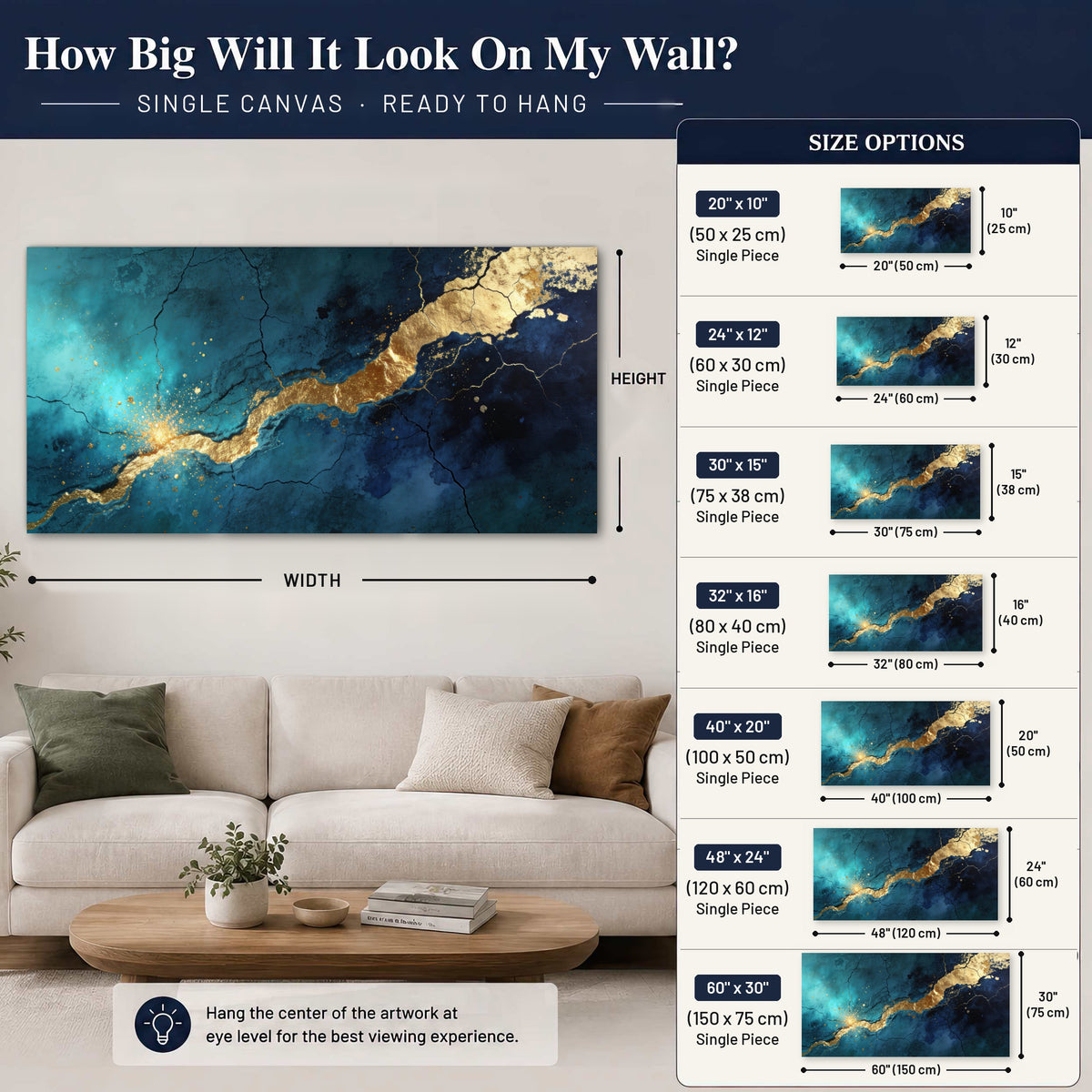 Teal and gold kintsugi abstract painting canvas wall art size guide above a sofa