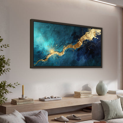 Teal and gold kintsugi abstract painting framed canvas wall art in a living room above a console