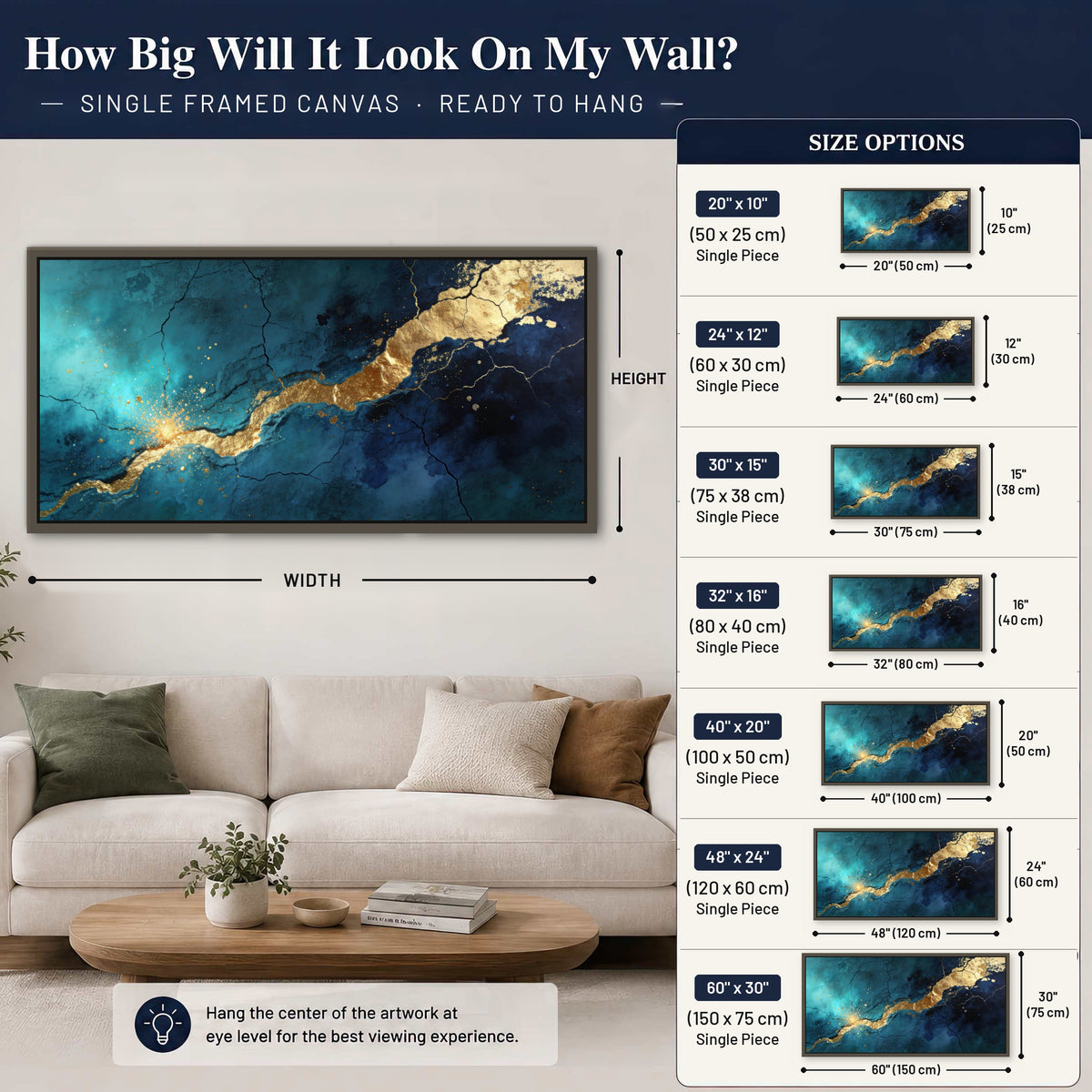 Teal and gold kintsugi abstract painting framed canvas wall art size guide above a sofa