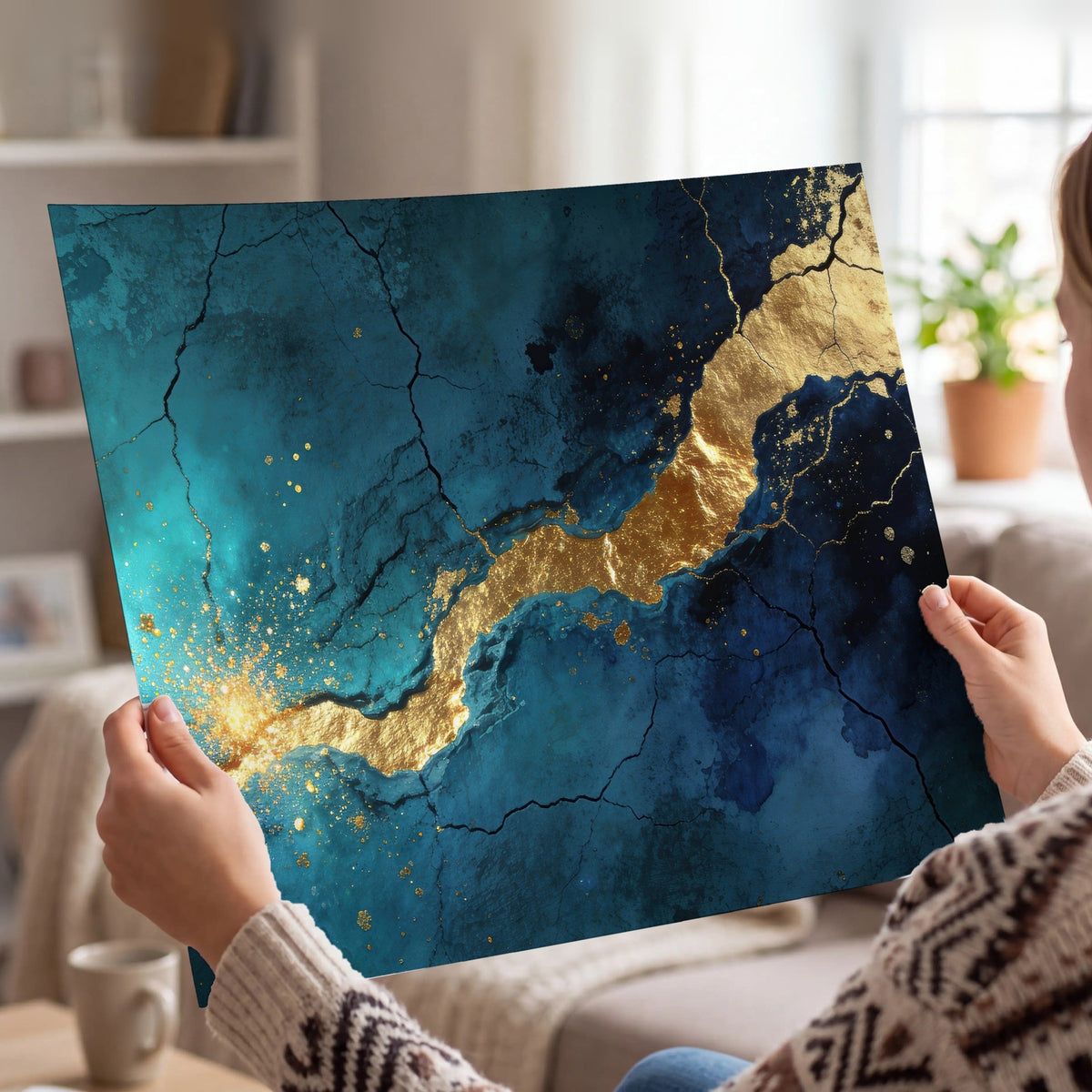 Teal and gold kintsugi abstract painting poster print held in hands