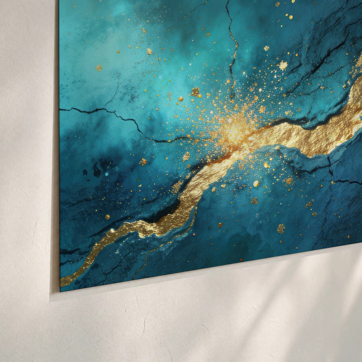 Teal and gold kintsugi abstract painting poster print close-up on matte paper