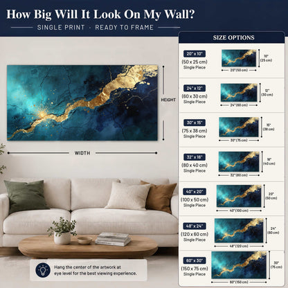 Teal and gold kintsugi abstract painting poster print size guide above a sofa