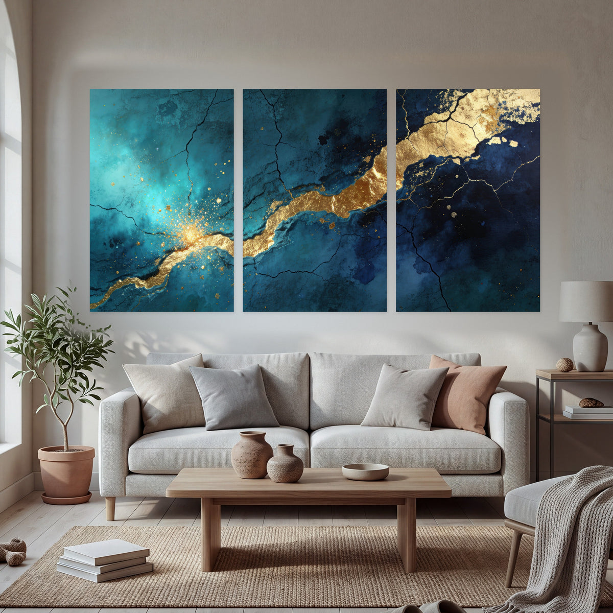 Teal and gold kintsugi abstract painting set of 3 poster prints in a bright living room