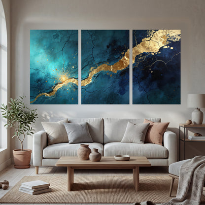 Teal and gold kintsugi abstract painting set of 3 poster prints in a bright living room