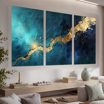 Teal and gold kintsugi abstract painting set of 3 poster prints in a living room above a console