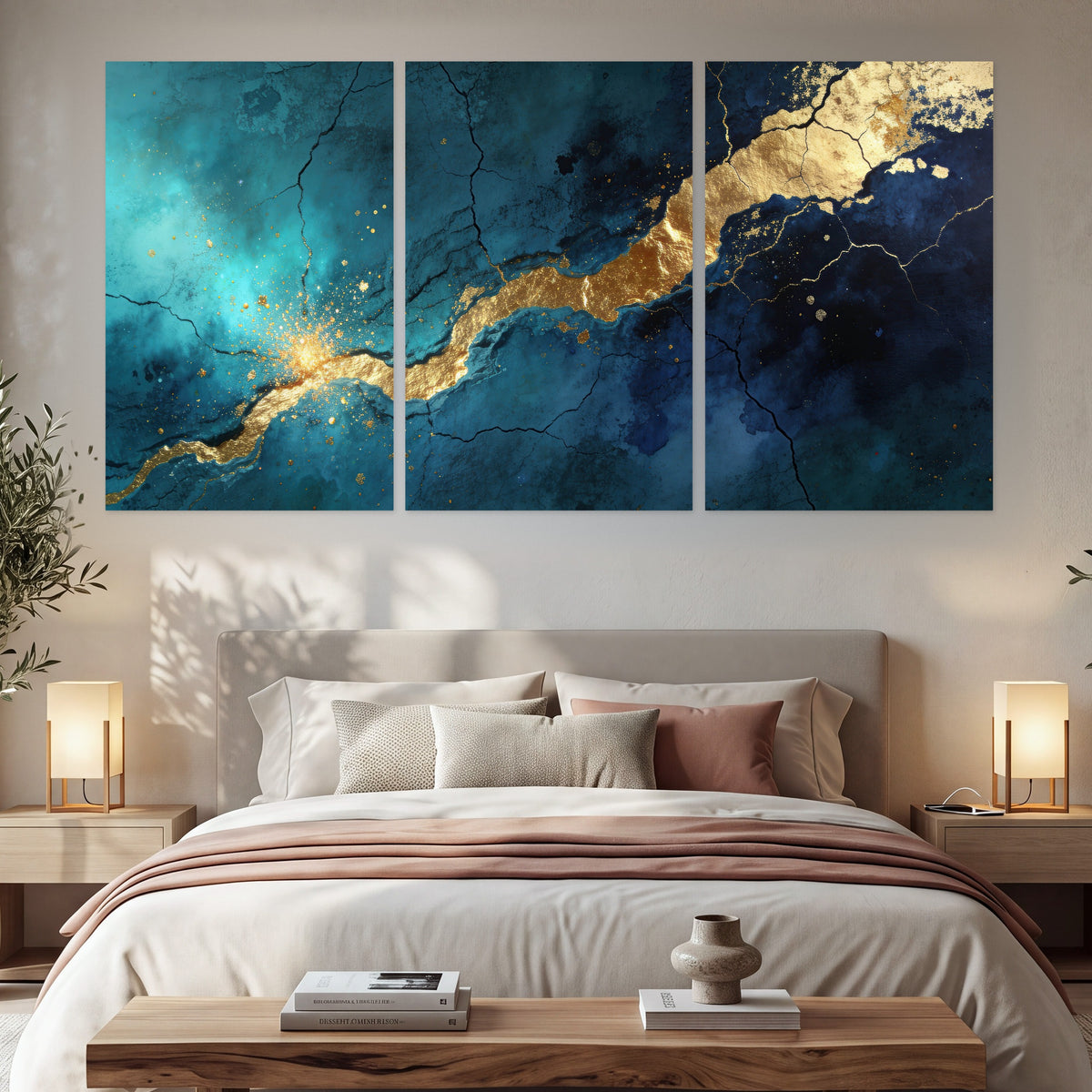 Teal and gold kintsugi abstract painting set of 3 poster prints in a bedroom above the bed