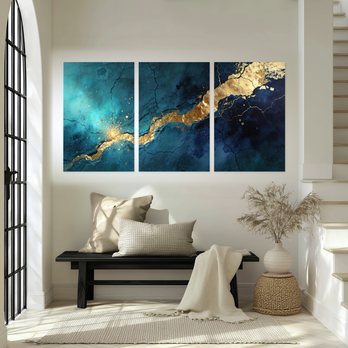 Teal and gold kintsugi abstract painting set of 3 poster prints in an entryway above a bench
