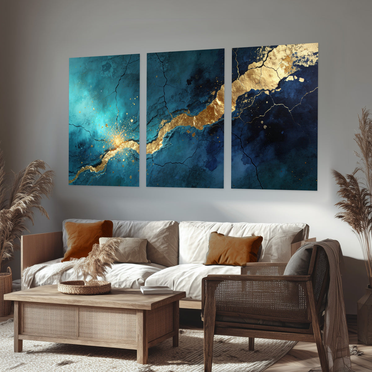 Teal and gold kintsugi abstract painting set of 3 poster prints in a rustic living room