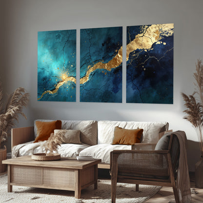 Teal and gold kintsugi abstract painting set of 3 poster prints in a rustic living room