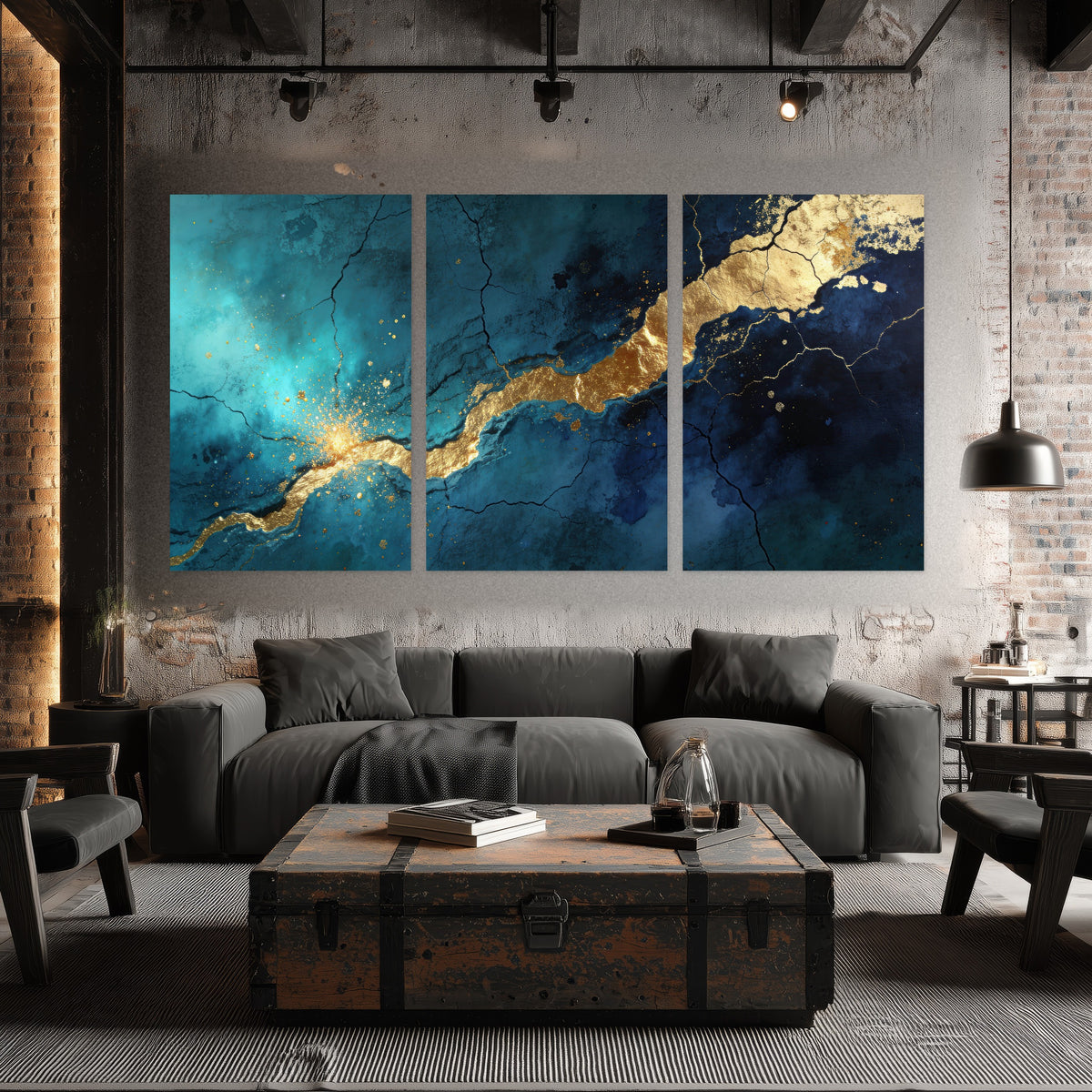Teal and gold kintsugi abstract painting set of 3 poster prints in an industrial loft