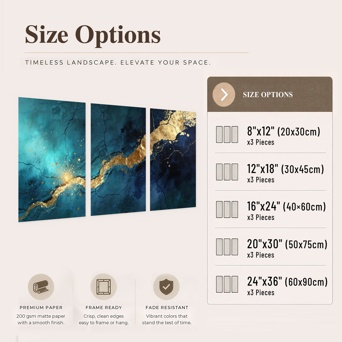 Teal and gold kintsugi abstract painting set of 3 poster prints size options