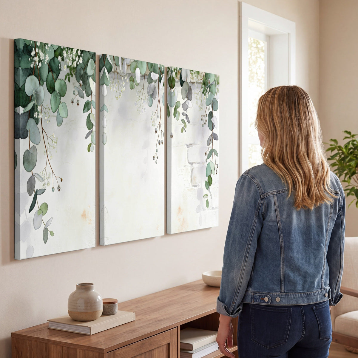 Watercolor eucalyptus greenery painting 3 piece canvas wall art in a living room