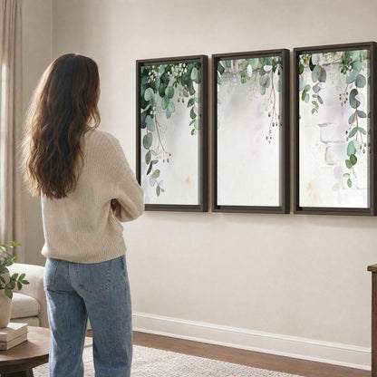 Watercolor eucalyptus greenery painting 3 piece framed canvas in a living room