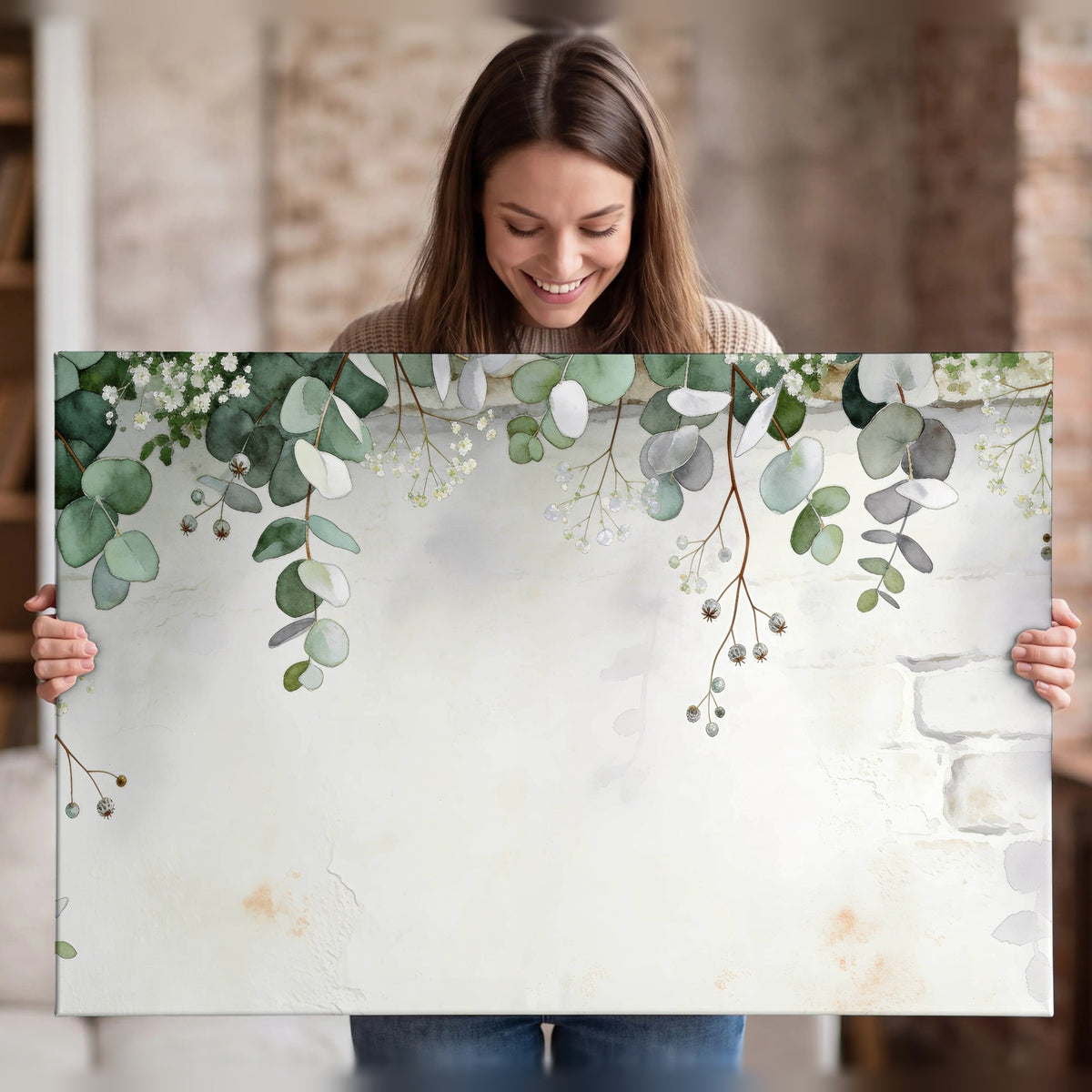 Watercolor eucalyptus greenery painting canvas wall art held in hands