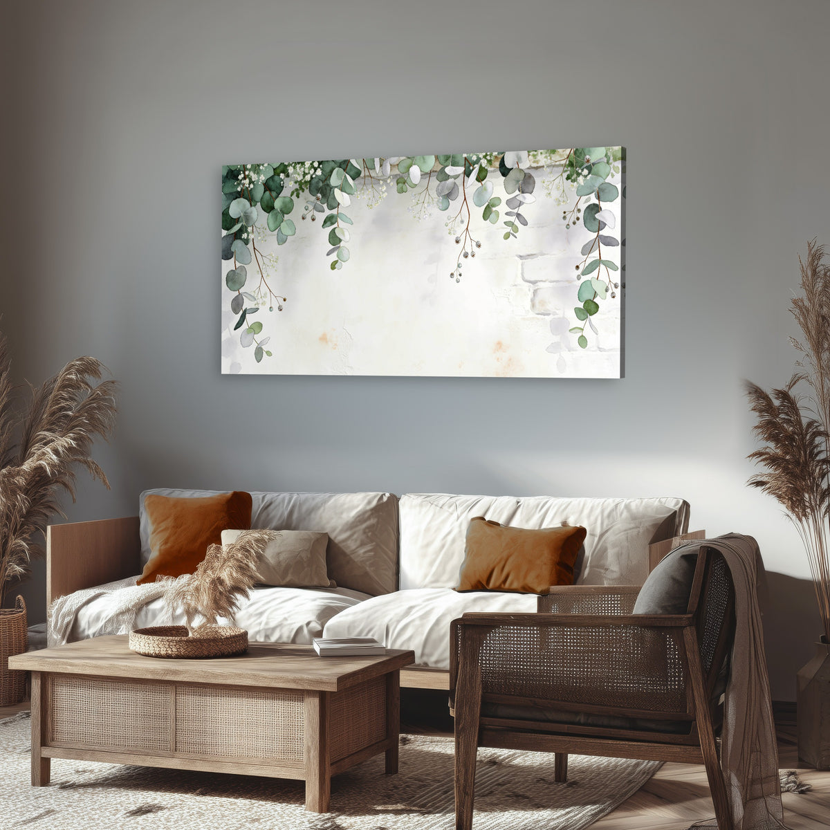 Watercolor eucalyptus greenery painting canvas wall art in a rustic living room