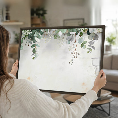Watercolor eucalyptus greenery painting framed canvas held in hands