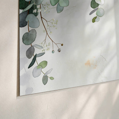 Watercolor eucalyptus greenery painting poster print close-up on matte paper