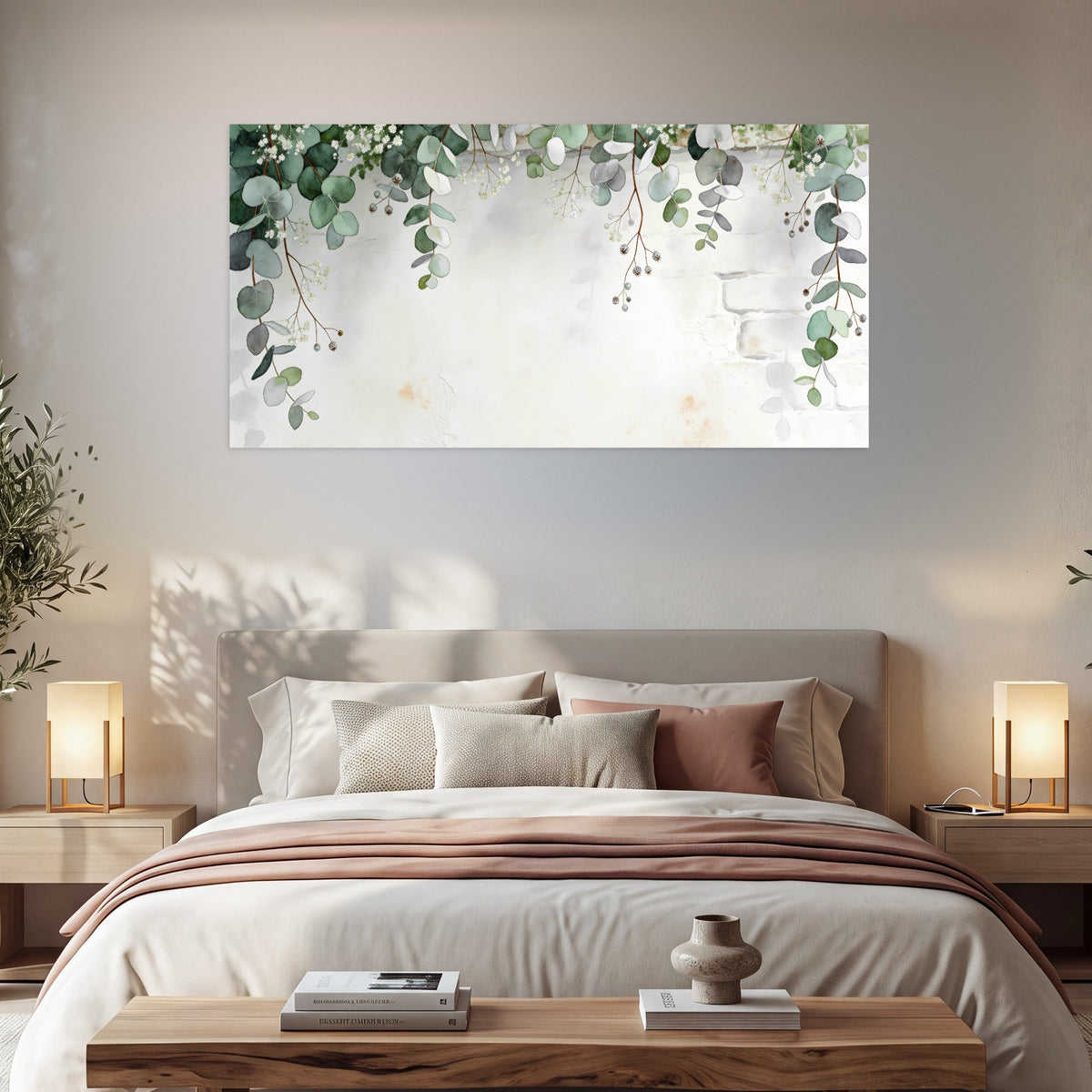 Watercolor eucalyptus greenery painting poster print in a bedroom above the bed