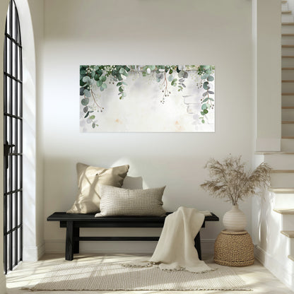 Watercolor eucalyptus greenery painting poster print in an entryway above a bench