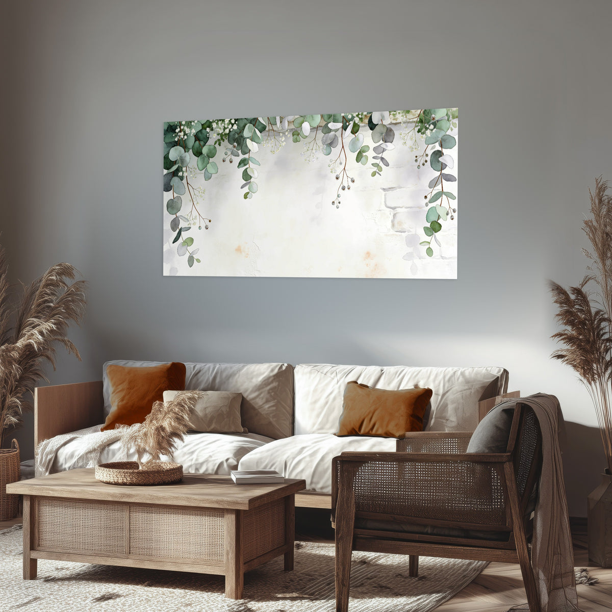 Watercolor eucalyptus greenery painting poster print in a rustic living room