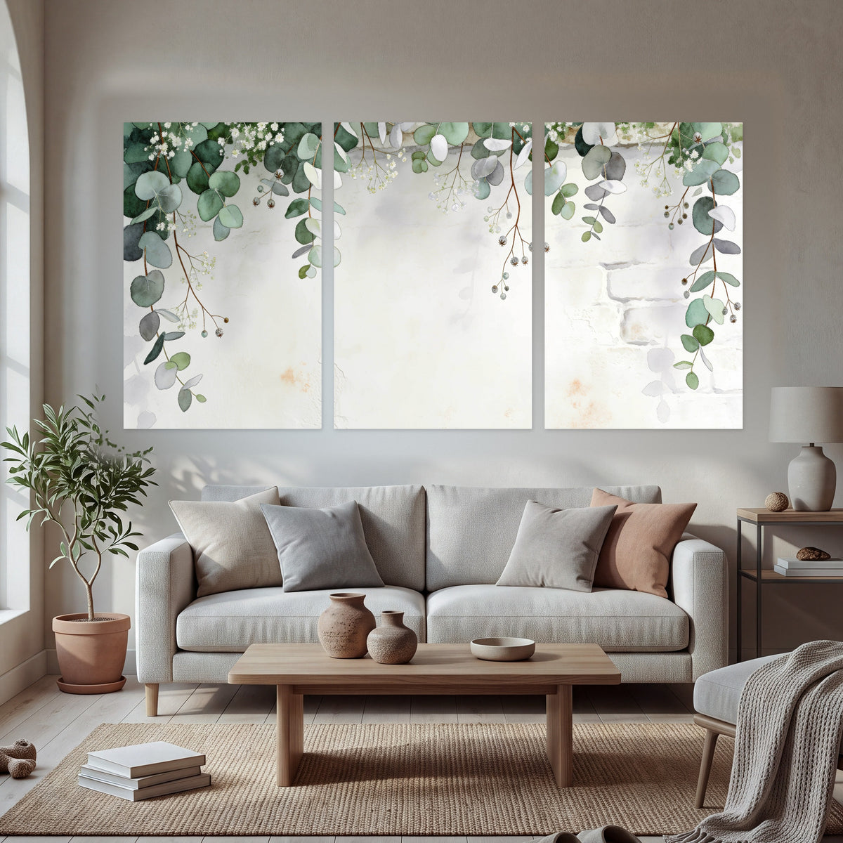 Watercolor eucalyptus greenery painting set of 3 poster prints in a bright living room