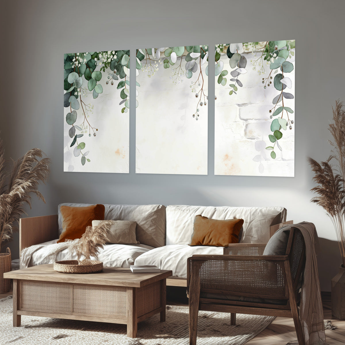 Watercolor eucalyptus greenery painting set of 3 poster prints in a rustic living room