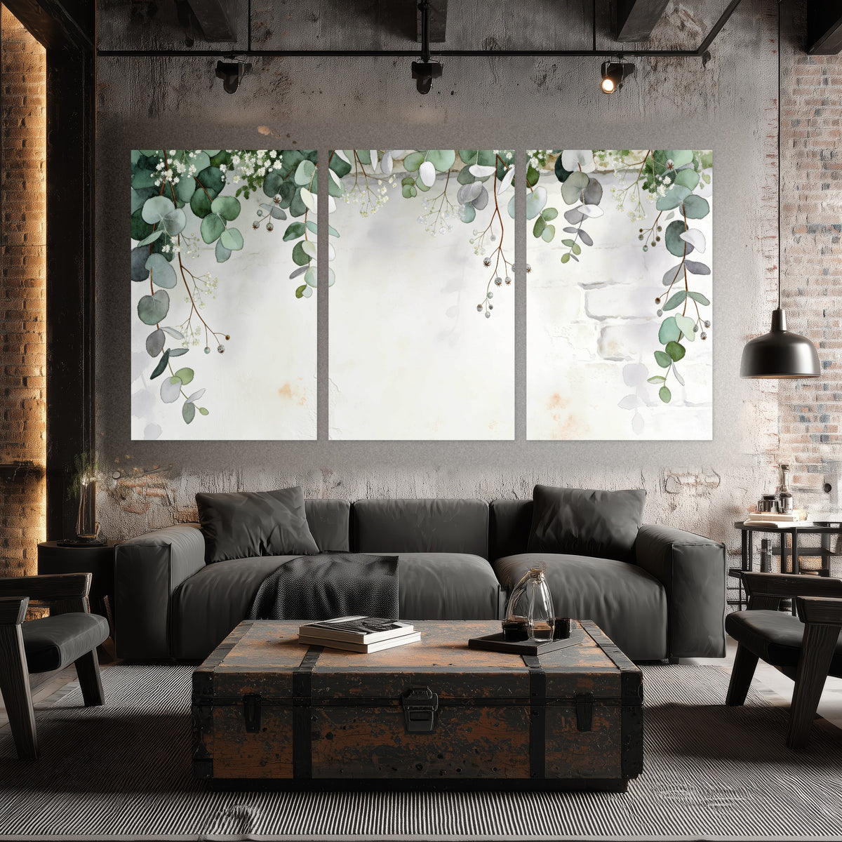 Watercolor eucalyptus greenery painting set of 3 poster prints in an industrial loft