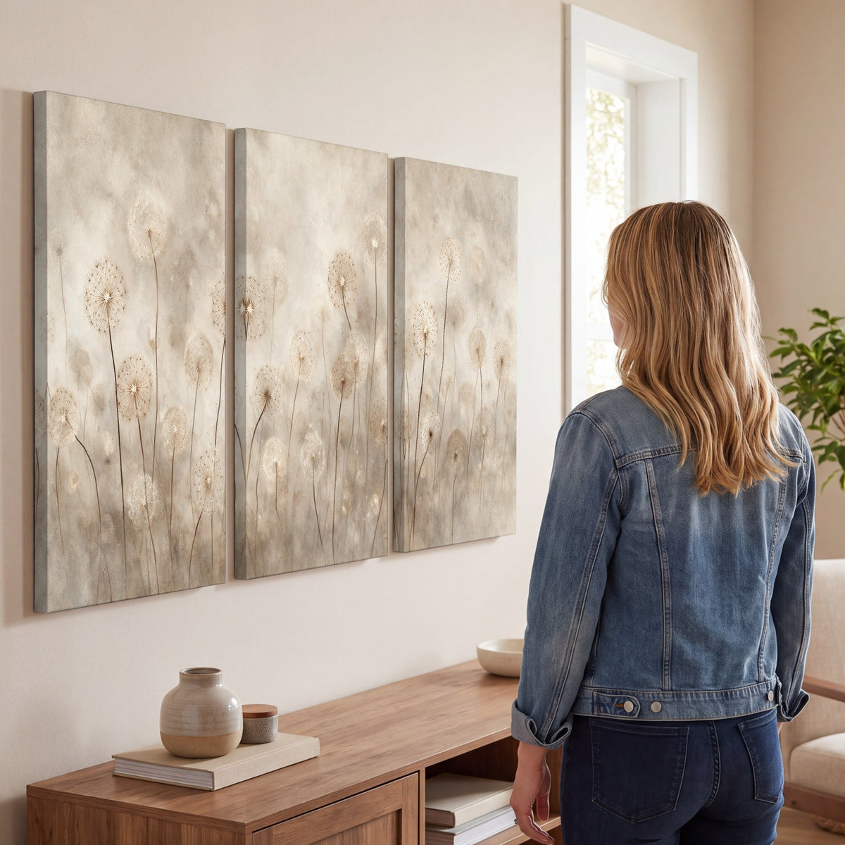 Misty dandelion field painting 3 piece canvas wall art in a living room