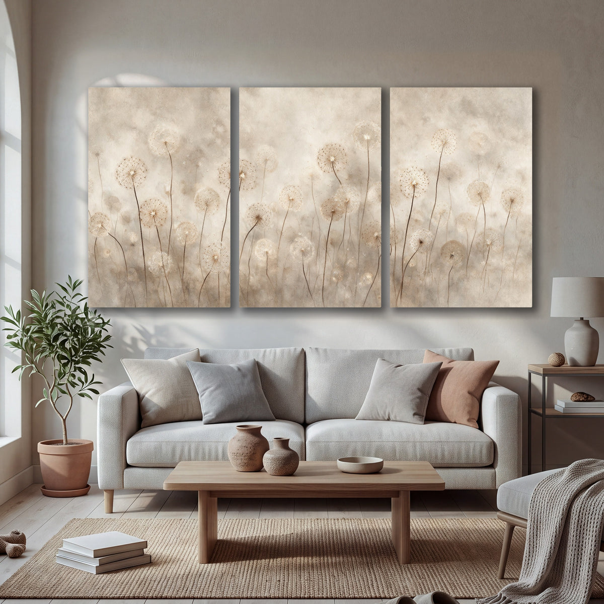Misty dandelion field painting 3 piece canvas wall art in a bright living room
