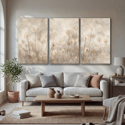 Misty dandelion field painting 3 piece canvas wall art in a bright living room