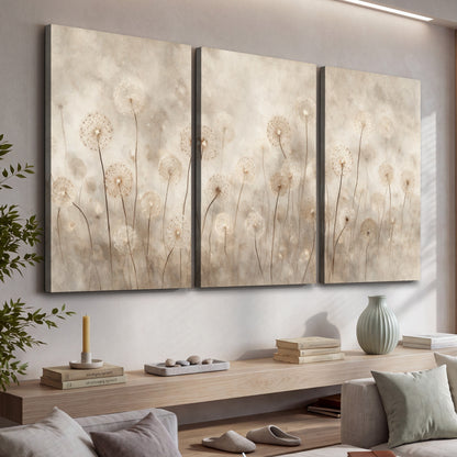 Misty dandelion field painting 3 piece canvas wall art in a living room above a console