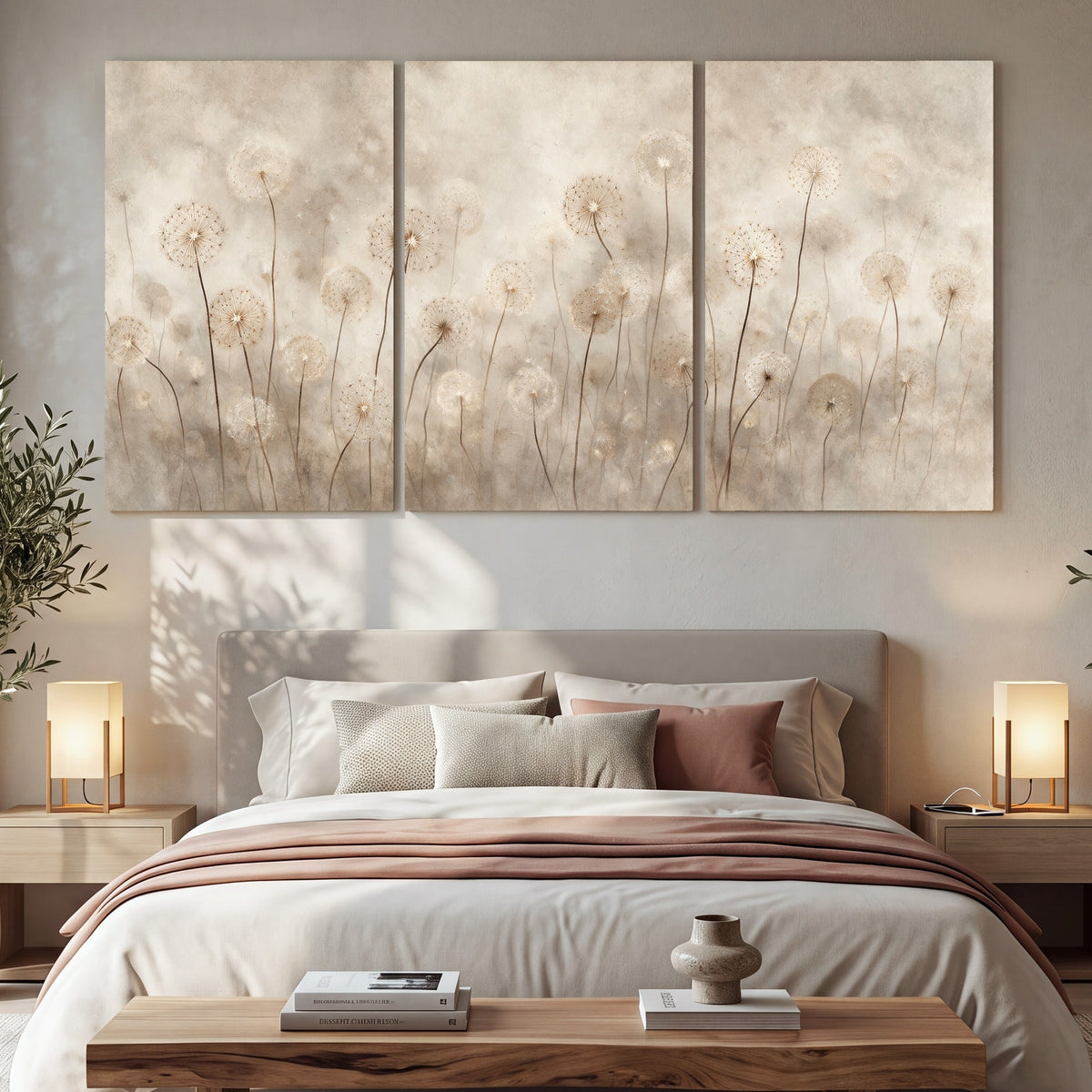 Misty dandelion field painting 3 piece canvas wall art in a bedroom above the bed