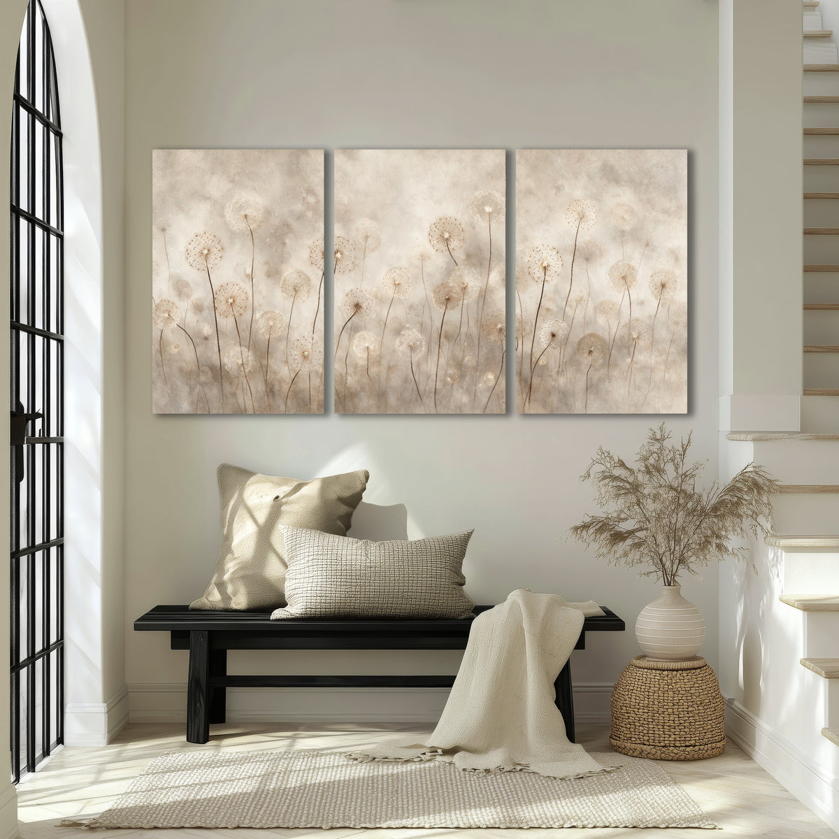 Misty dandelion field painting 3 piece canvas wall art in an entryway above a bench
