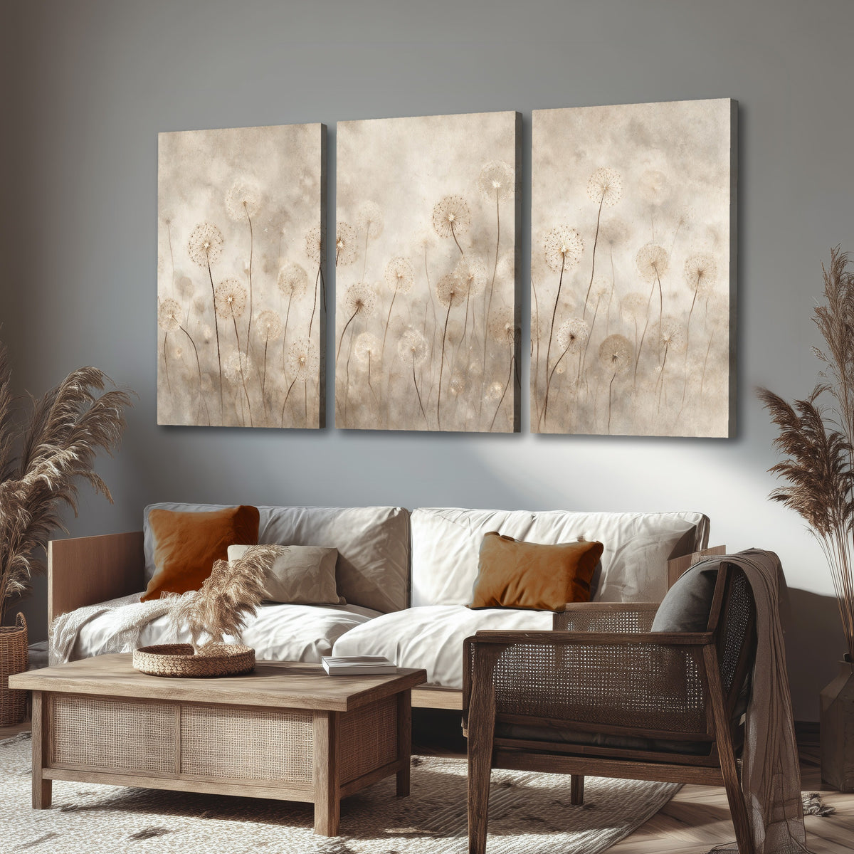 Misty dandelion field painting 3 piece canvas wall art in a rustic living room
